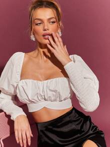 L'Amorae Shirred Puff Sleeve Self Tie Crop Spring Blouses - White - View 6