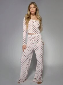 MISSGUIDED Conjunto de pijama de dos piezas de punto acanalado con estampado de corazón, ropa de descanso, ropa de dormir, acogedor y cómodo regalo de San Valentín
