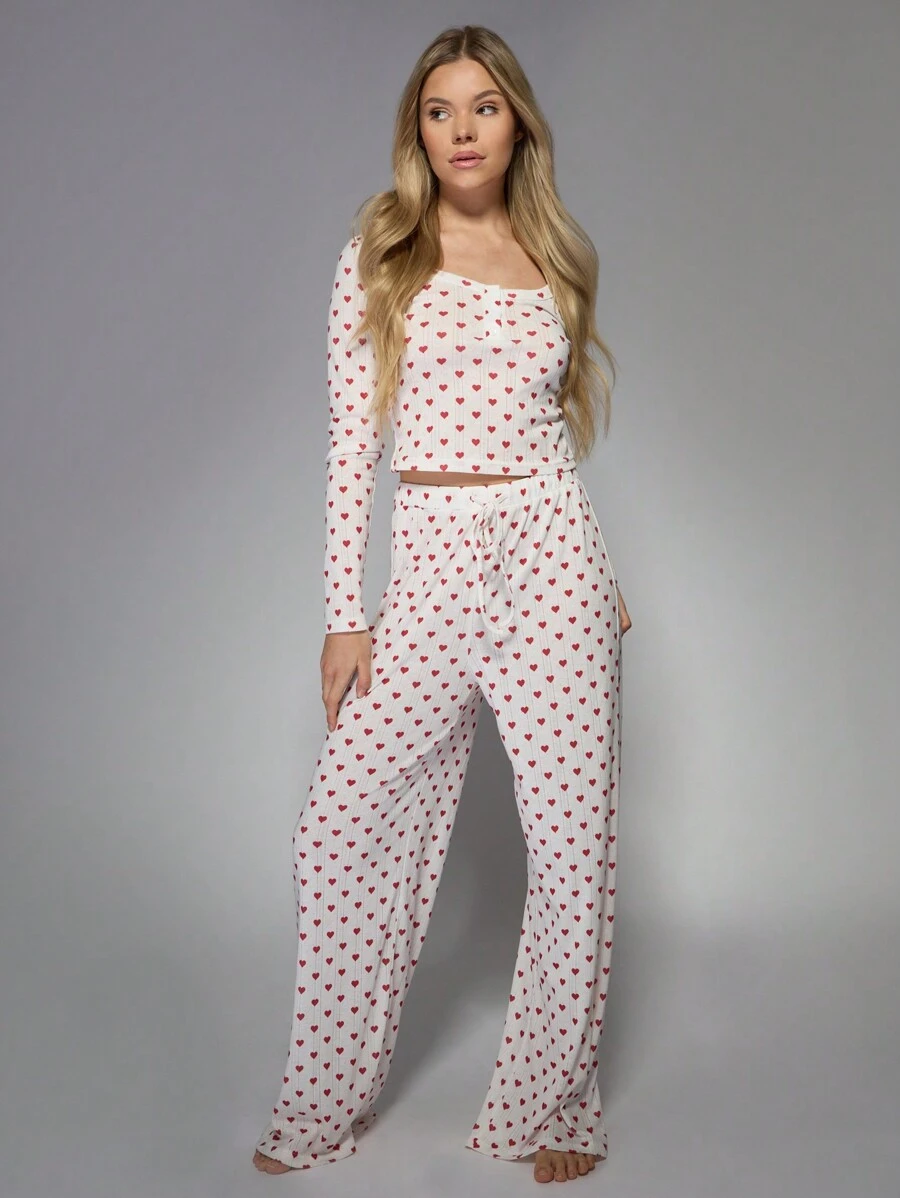MISSGUIDED Conjunto de pijama de dos piezas de punto acanalado con estampado de corazón, ropa de descanso, ropa de dormir, acogedor y cómodo regalo de San Valentín