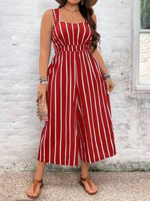 SHEIN VCAY Plus Size Boho Casual Stripe Navy Long Jumpsuit, For Summer - Burgundy - View 1