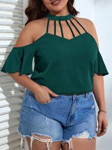SHEIN VCAY Plus Size Vacation Casual Solid Color Cold Shoulder Halter Shirt