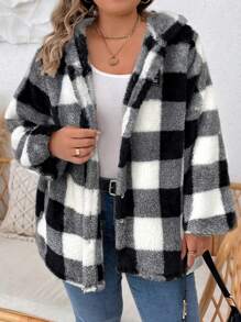SHEIN LUNE Plus Size Có mũ trùm đầu in kẻ sọc dài tay áo khoác thời trang rộng rãi - Đen và trắng - Xem 1