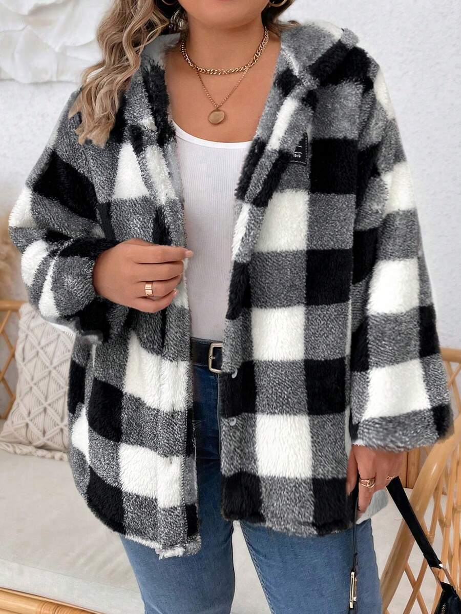 SHEIN LUNE Plus Size Có mũ trùm đầu in kẻ sọc dài tay áo khoác thời trang rộng rãi - Đen và trắng - Xem 1