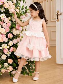 Glamorique Kids Girls' Princess Dress Blush Pink Summer Flower Girl Formal Mother's Day Gift Mommy And Me Outfits Sleeveless Valentine's Day Dot Lace Satin Texture - Pink - View 3