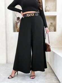 Flirla 大码纯色金属点缀休闲宽松裤，适合日常穿着