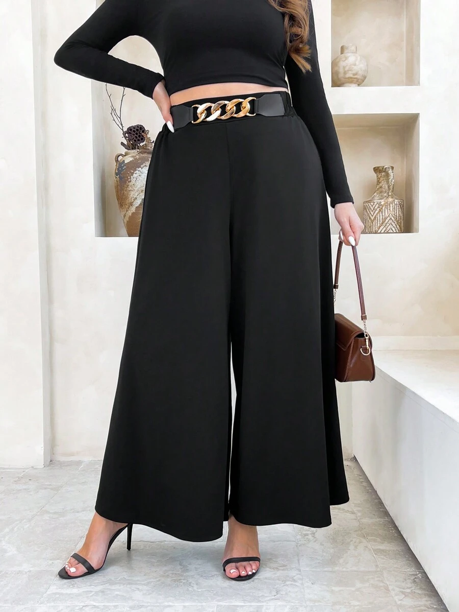 Flirla 大码纯色金属点缀休闲宽松裤，适合日常穿着