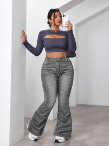 SHEIN EZwear Plus Size Front Button Pocket Simple Denim Jeans, Casual Everyday Wear - Light Grey - View 4