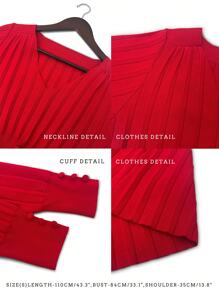 SHEIN LUNE 女士秋冬 V 领长袖褶皱中长连衣裙，束腰，适合新年服装 - 紅色 - 查看 3