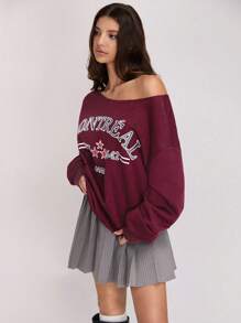 SHEIN Unity Sudadera con cuello caído y estampado de letras de tres vías Ankhara para otoño - Rojo - Ver 4