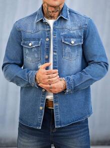 Manfinity Homme Men's Light Blue Washed Western Cowboy Shirt - Light Wash - View 5