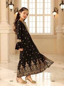 Tween Girls V-Neck Long Sleeve Graphic Detail Minimalist Long Dress - Black - View 5