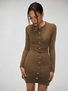 Forever 21 黑色罗纹紧身连衣裙，适合商务休闲，秋冬女士毛衣连衣裙 - 棕色 - 查看 7