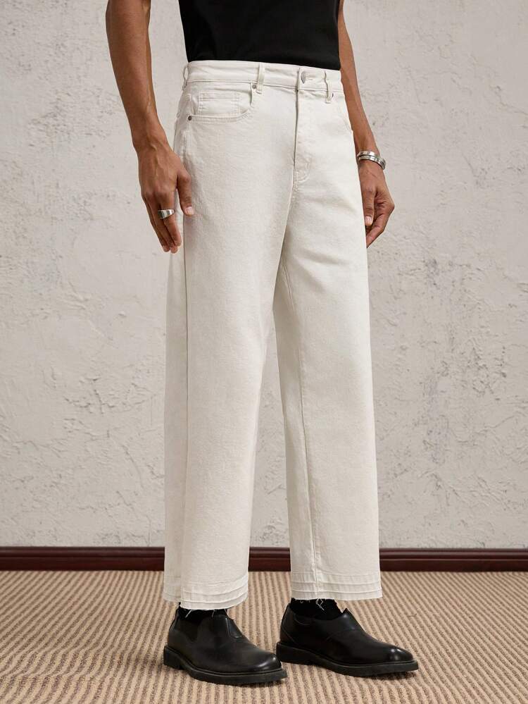 Men's White Letter Metal Decor Loose Mid-Waisted Straight Leg Cropped Casual Jeans, Suitable For Daily Wear, Spring/Summer, Vacation