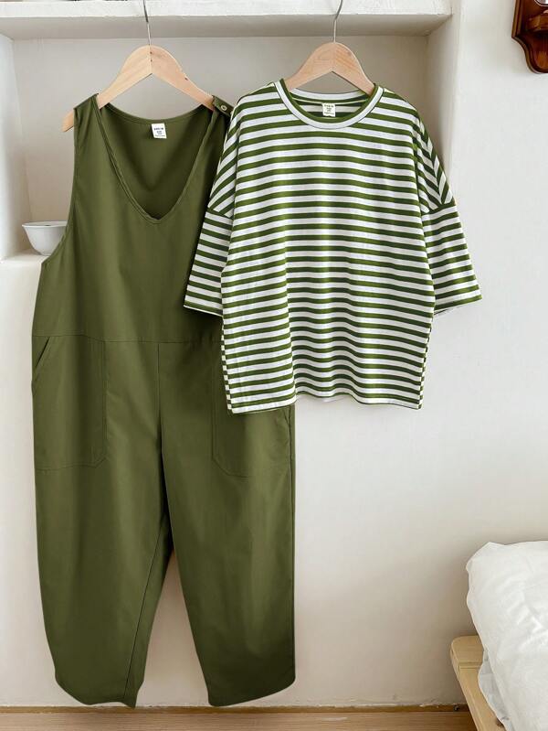 SHEIN LUNE Größere Größen Lässiges 2-teiliges Loungewear Set aus Oversized Gestreiftem Drop-Shoulder T-Shirt, Große Größen, Material