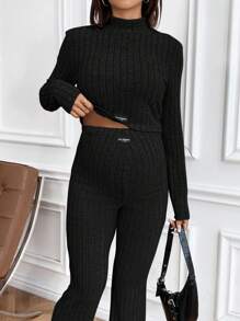 SHEIN Bộ 2 món áo crop top cổ bẻ và quần ống loe cho bà bầu, trang phục bó sát mùa thu - màu đen - Xem 5