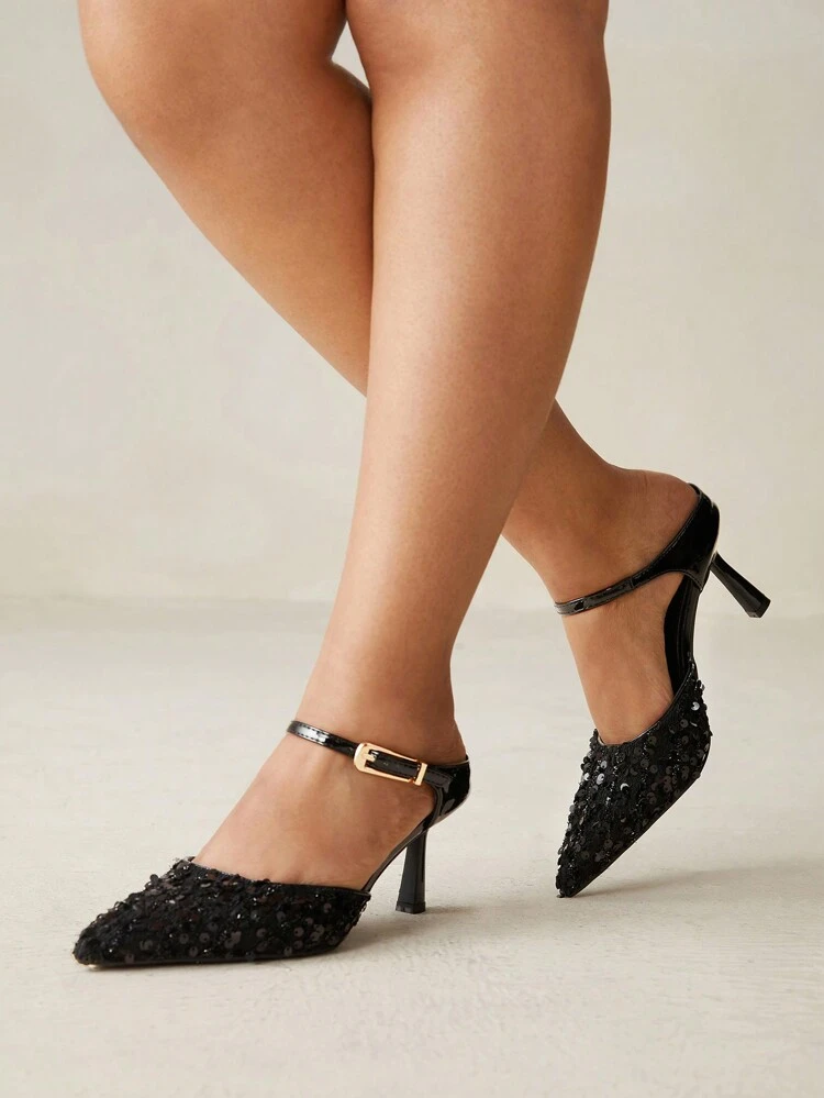 CUCCOO CURVES Pointed Toe Stiletto High Heel Women's Shoes, Sexy Elegant Party Sparkly Black Pointed Toe Wide Fit High Heel Pumps Spring Shoes