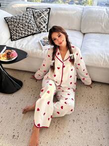 SHEIN 2 件套少女情人节可爱简约心形图案前开长袖上衣和直筒宽松梭织裤睡衣套装，舒适休闲 - 紅白色 - 查看 4
