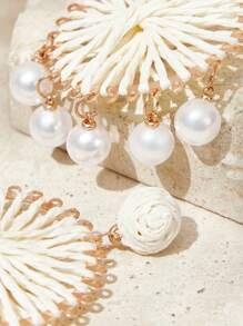 SHEIN VCAY European & American Style Handmade Raffia Woven Round Pearl Pendant Fashionable Earrings - Beige - View 8