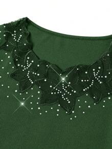 Gownix 女士花卉蕾丝饰边领口和袖口优雅休闲上衣 - 墨綠色 - 查看 12