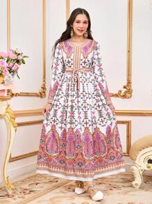 Teen Girls Elegant V-Neck Long Sleeve Waisted Dress With Gold Pattern For Teen Girls, Ideal For Vacation,Holiday,Summer,Travel