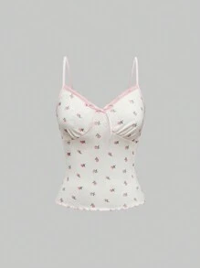 ROMWE Kawaii Cute Ditsy Floral Lace Trim & Bow Racerback Tank Top For Women - White - View 1