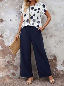 EMERY ROSE 2pcs Women's Vacation Casual Polka Dot Print Top And Pants Set - Multicolor - View 1