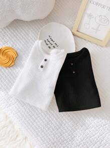 SHEIN 2 Pieces Set Newborn Infant Baby Boy/Girl Vintage All-Match Button Decor Round Neck Long Sleeve Textured Knit Pullover Top, Versatile & Minimalist Style For Home & Outdoor, Autumn/Winter - Black and White - View 4