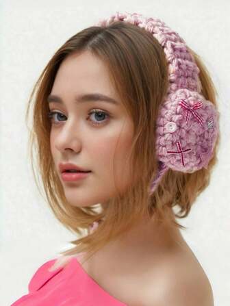 Kawaii 1pc Cream Boho Style Woven Knitted Bow & Star Decor Ear Warmers, With Tassel, Suitable For Autumn/Winter, Gift