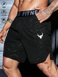 Manfinity Sport Streetwear Pantalones cortos casuales de estilo novio con estampado de toro y cinta con texto, ropa de gimnasio, pantalones cortos de gimnasio negros, pantalones cortos deportivos negros, pantalones cortos de gimnasio para hombre