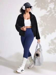 SHEIN Sports Giacca corta in pile di corallo, maglione reversibile in pile con cappuccio per coppie, invernale caldo e imbottito