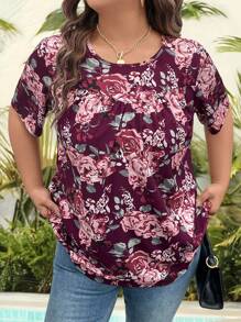 EMERY ROSE Plus Size Women Casual Round Neck Floral Printed T-Shirt Top