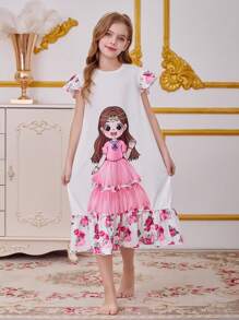 SHEIN Leap Crew 青少年女孩可爱卡通女孩花卉印花圆领盖袖宽松针织睡袍，适合家居服和户外穿着，深玫瑰印花，斋月假期 - 粉色 - 查看 4