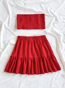 Soleia Conjunto de 2 piezas de blusa tubo y falda de unicolor casual para vacaciones