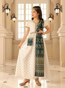 Tween Girls' Elegant V-Neck Cap Sleeve Foil Geometric Print Dress - Green - View 6