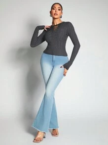 Zolique Women Lace Up Keyhole Neck Long Sleeve Slim Fit Sweater Knit Pullover Fall Winter - Grey - View 3