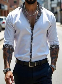 Manfinity Homme Męska koszula z długim rękawem z przodu, prosta, biznesowa, swobodna, kontrastowa, z długim rękawem, męska koszula z guzikami, biała koszula męska, prezenty dla chłopaka