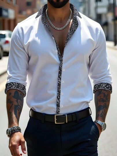 Manfinity Homme Men's Front Button Long Sleeve Simple Business Casual Contrast Color Shirt,Long Sleeve Shirt,Button Up Men Shirt,White Men Shirt,Boyfriend Gifts