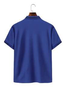 Calvornis Men's Colorblock Splicing Front Button Short Sleeve Simple Polo Shirt, Casual Everyday Wear, Formal, Ceremony - Royal Blue - View 2