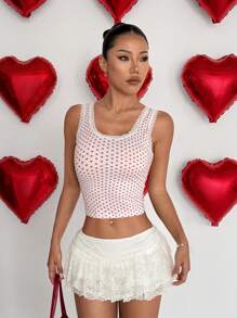 SHEIN Unity 甜美辣味蕾丝边心形图案修身短款吊带背心女式 - 白色 - 查看 4