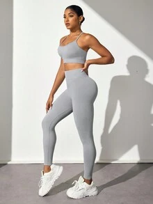 Slayform Conjunto deportivo de top sin espalda de halter y leggings para mujeres - Gris - Ver 7