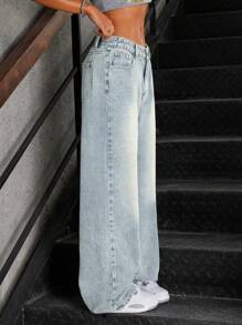 SHEIN ICON Casual Vintage Washed Loose Waist Wide Leg Jeans - Light Wash - View 4