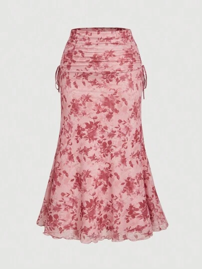 SHEIN MOD Plus Size Women High Waist Pink Floral Pattern Maxi Skirt, For Summer