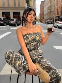 CovetEZ 大码女式分枝印花口袋抹胸连体裤