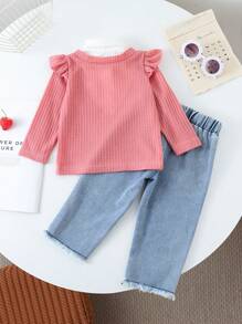2pcs Baby Girl Autumn Winter New Casual Cute Fun 2 In 1 Waffle Shirt Top With Cherry Fruit Embroidery And Denim Pants Set
