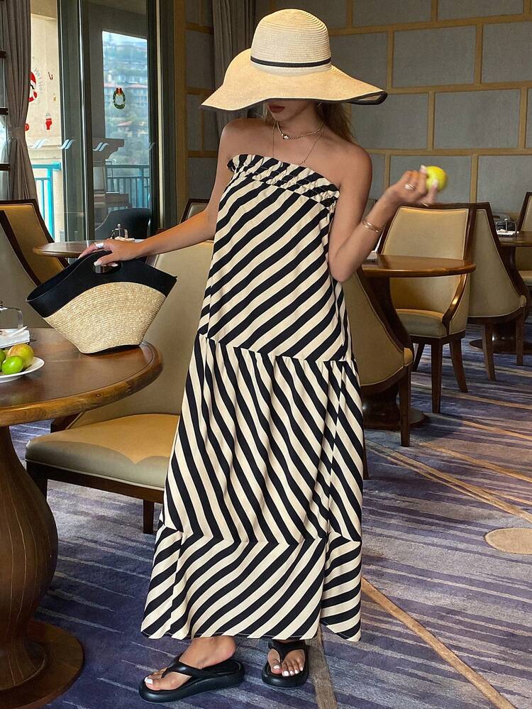 Striped Contrast Patchwork Sleeveless Midi Dress For Women,Casual Women Dresses Off Shoulder Top