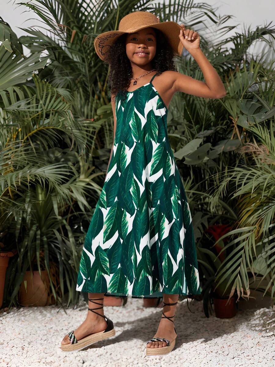 SHEIN NovaGlow Tween Girl Tween Girls' Everyday Casual Spring/Summer All Over Printed Spaghetti Strap Dress