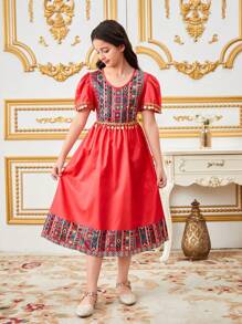 SHEIN Tween Girl Elegant Luxurious Retro Printed Gold Sequin Decorated Long Dress - Red - View 3