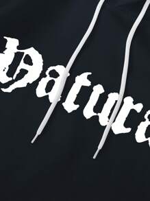 Manfinity Hypemode Loose Fit Men's Slogan Graphic Drop Shoulder Drawstring Hoodie - Navy Blue - View 3