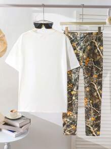 Conjunto de 2 piezas de estilo urbano cómodo y fresco para niñas preadolescentes, con camiseta sobredimensionada de manga corta de punto y estampado de oso camuflaje y pantalón de legging con estampado completo de ramajes, adecuado para uso diario casual y escolar, vuelta al colegio - Verde militar - Ver 4