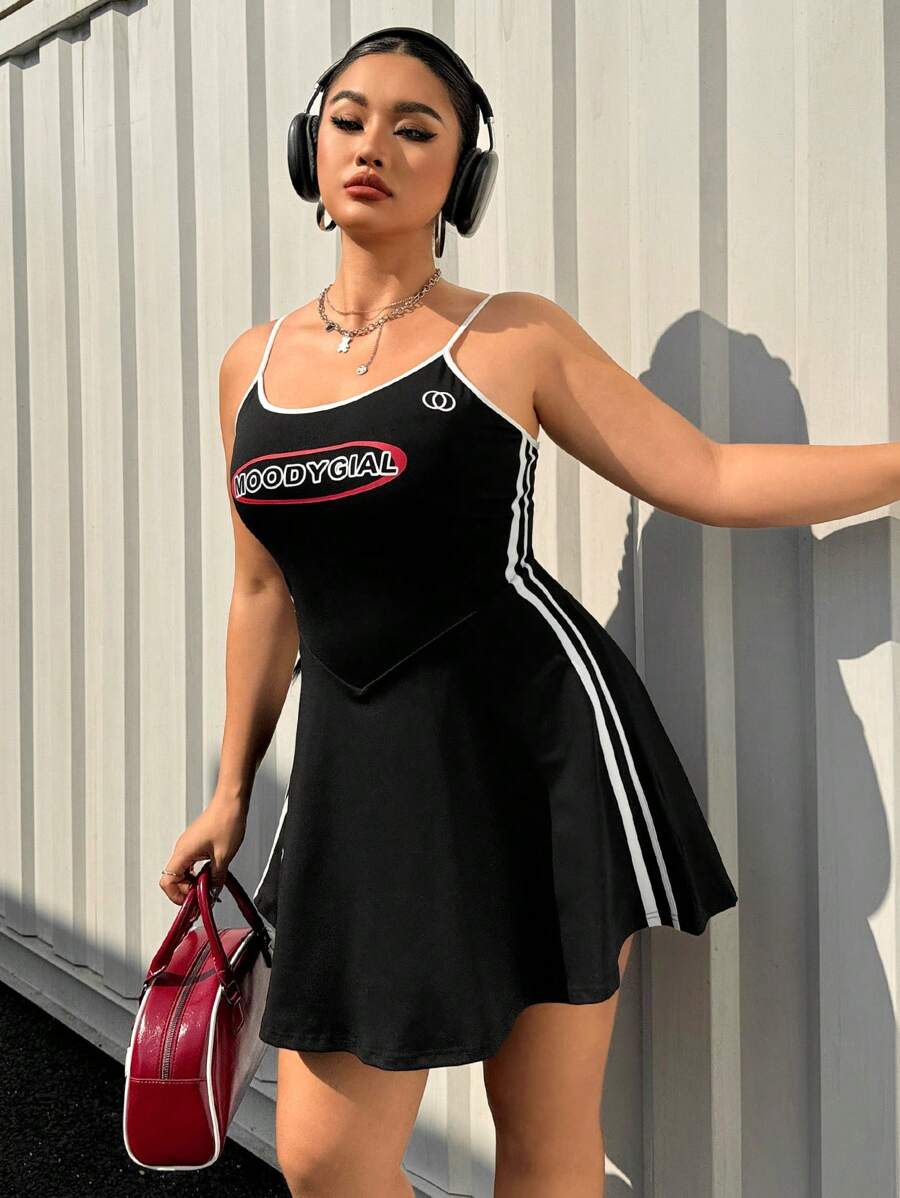 SHEIN EZwear Plus Size Sports Colorblock Striped Letter Print Camisole Dress,Summer - Black - View 1